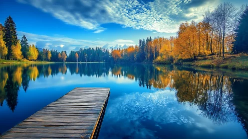 Wooden pier on calm forest lake under bright blue sky.