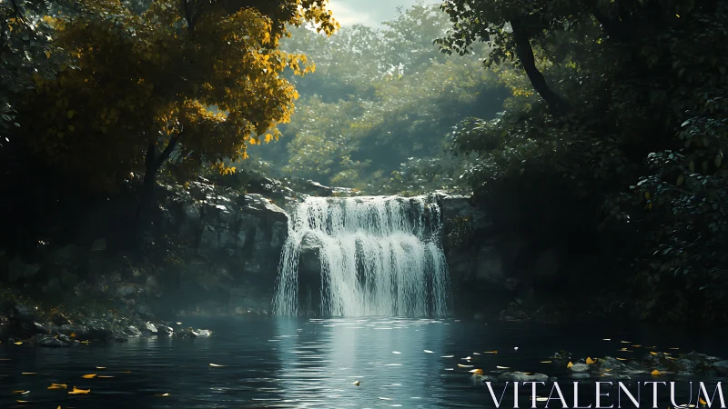 Tranquil forest waterfall spills into a misty blue pool.