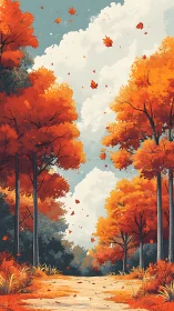 Cozy Autumn Forest Path Through Fiery Fall Trees