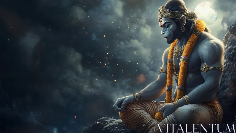 Moonlit meditative monkey deity in glowing garlands.