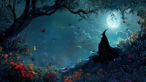 Moonlit witch rests beneath glowing trees in a quiet forest