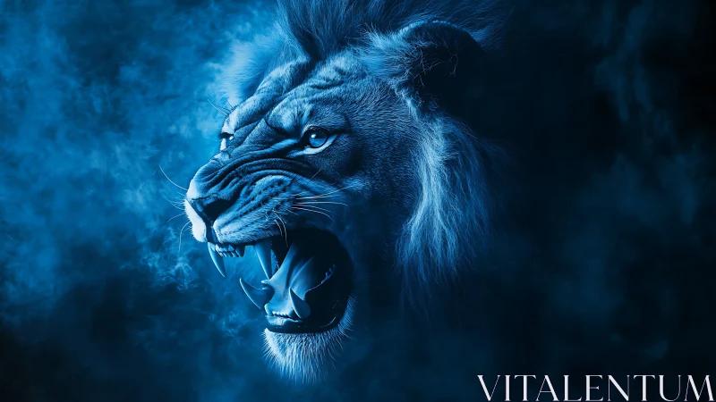 Electric midnight lion uncoils a roar through sapphire smoke