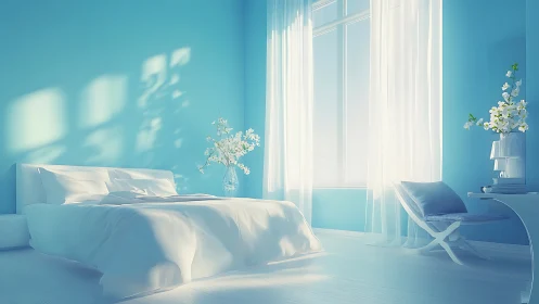 Minimalist blue bedroom interior with white bedding and light.