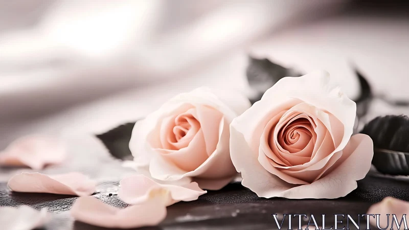 Blush Pink Roses on Dark Surface with Scattered Petals