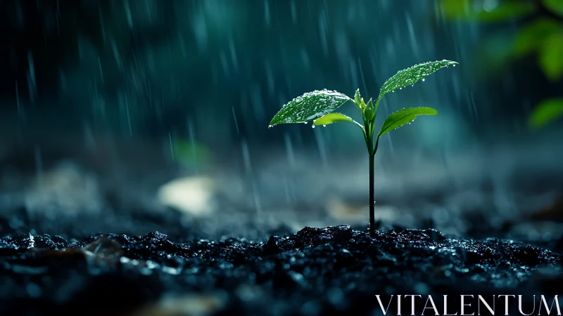 Rain-soaked seedling holds night’s quiet electric promise.