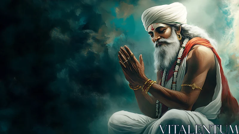 Meditating sage in devotional prayer amid teal clouds.