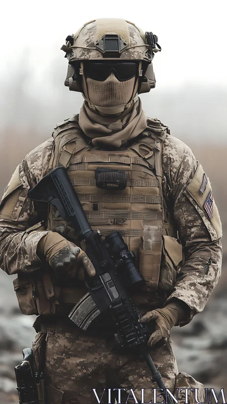 Modern combat soldier stands armed in tactical desert gear