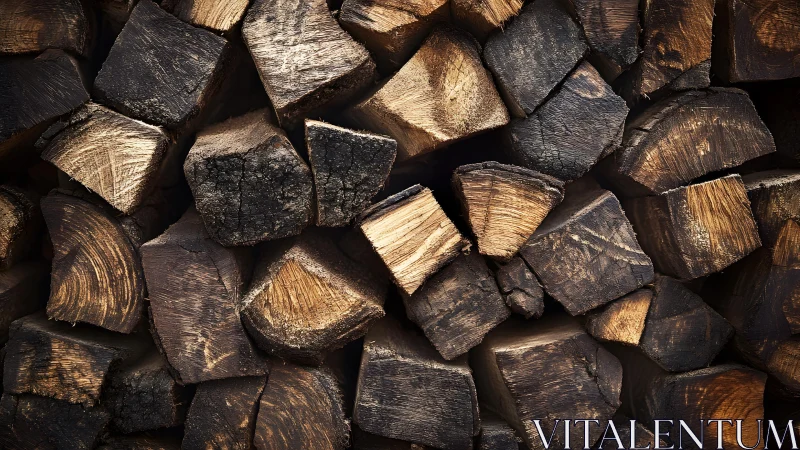 Stacked firewood close-up with rustic texture and warm lighting.