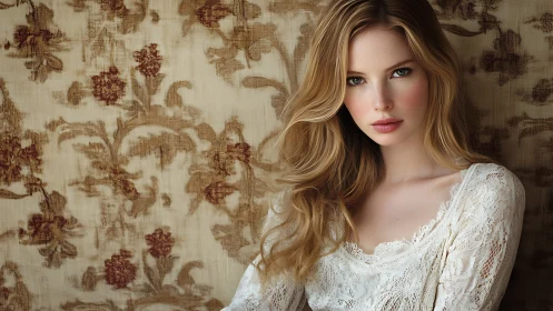 Softly lit portrait of a blonde woman in vintage lace.