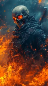 Flaming skull soldier stands in burning battlefield inferno.