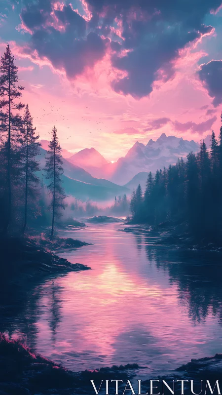 Dreamlike river valley glows beneath vibrant pink sunset.
