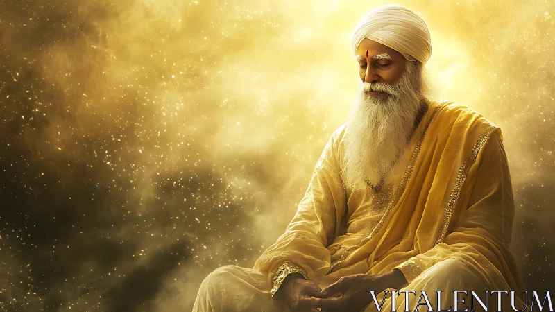 Elderly bearded man in golden robes meditating calmly.