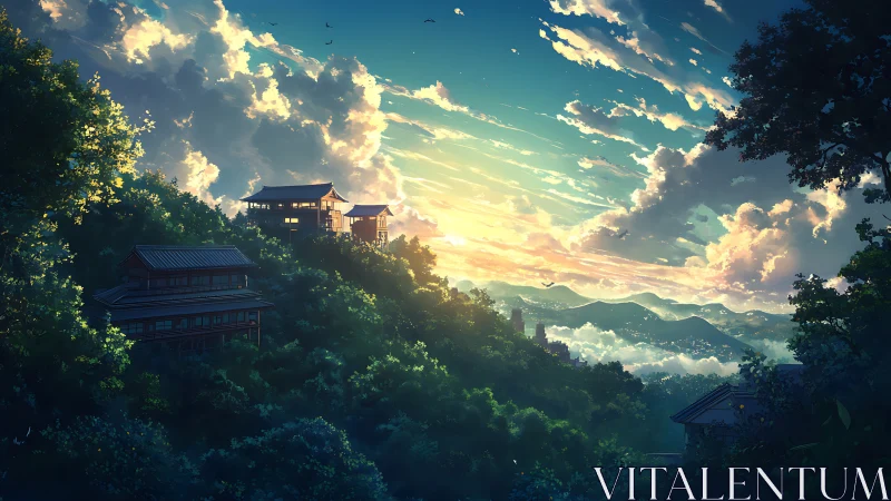 Hilltop buildings overlook layered clouds and distant ranges