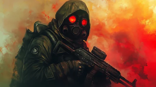 Red-eyed wasteland sentinel steadies a rifle in toxic light