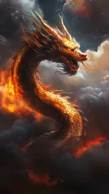 Fiery celestial dragon coils through storm-lit cosmic clouds