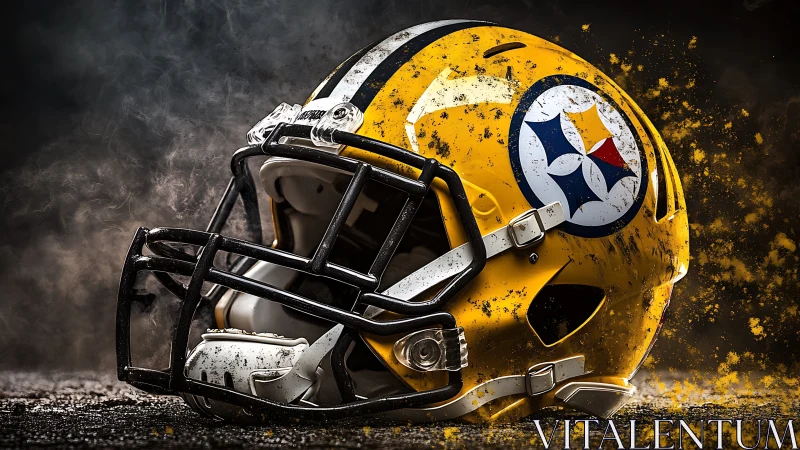 Yellow American football helmet lies on gritty dark ground