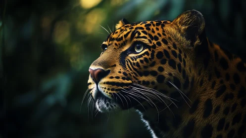 Low-key photoreal portrait of vigilant jaguar in foliage.