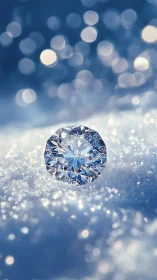 Solitaire diamond resting on soft snow in cool light.