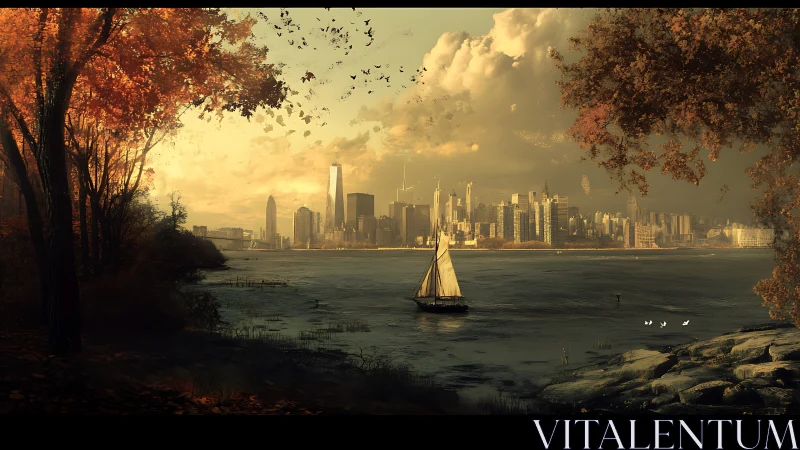 Sailboat glides between autumn shore and glowing skyline