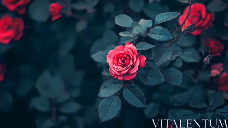 Jeweled Bloom: Where Crimson Petals Dance Through Midnight Foliage.