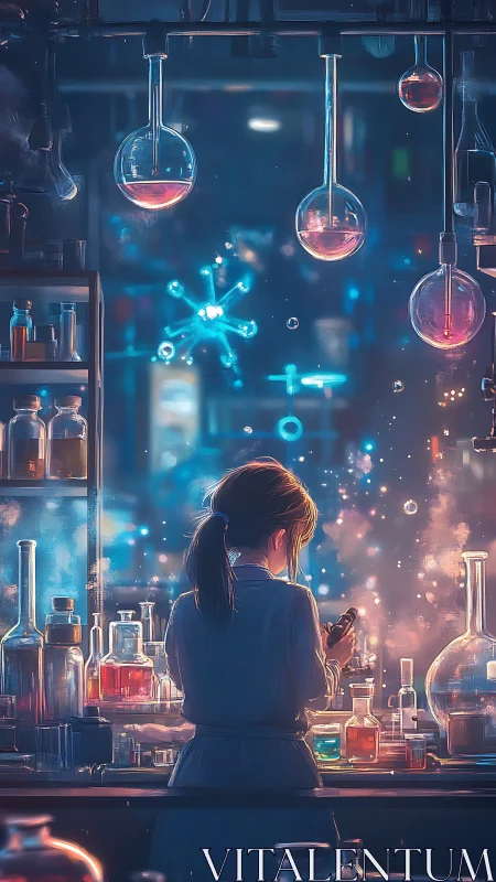 Laboratory researcher manipulates glassware among suspended flasks