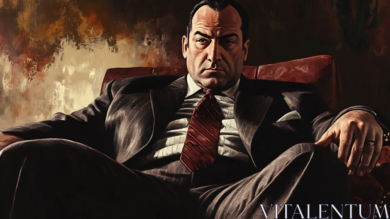 Powerful suited man seated in leather chair under warm light