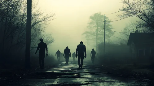 Silhouetted figures walk down foggy, abandoned roadway.