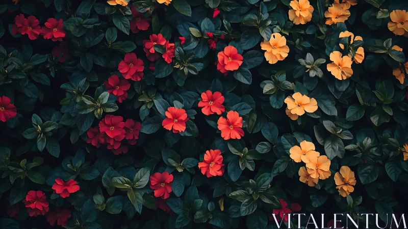 Floral Garden Overview with Red and Orange Blooms.
