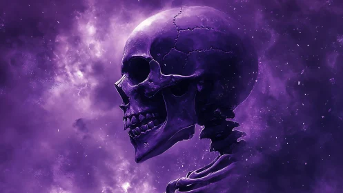 Violet cosmic skull glows inside swirling nebula haze.