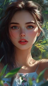 Sunlit digital portrait of young woman in lush foliage.