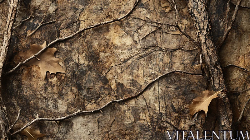 Tangled tree roots trace across weathered bark texture.