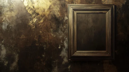 Empty gilded frame on oxidized metallic wall surface.