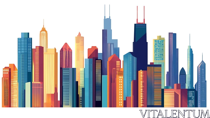 Vector illustration of multicolored modern city skyline.