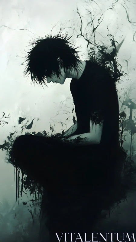 Solitary figure dissolves into swirling black abstraction