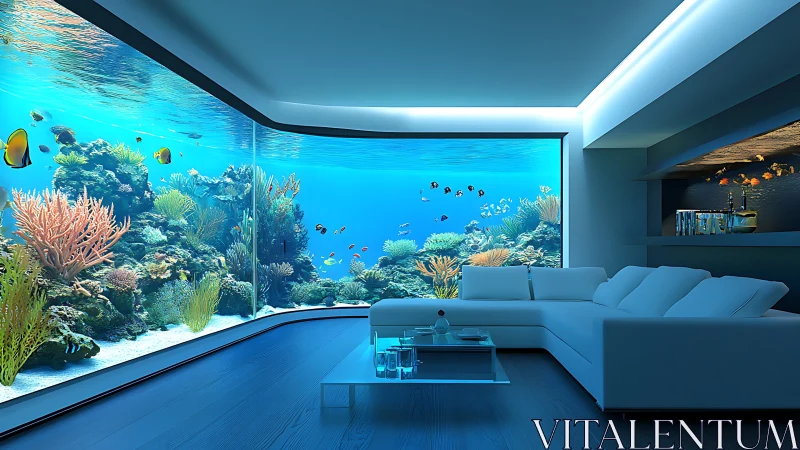Modern interior integrates panoramic curved-wall marine aquarium