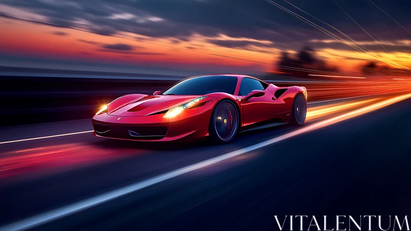 Red supercar accelerates along coastal highway at neon dusk