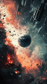 Shattered planet drifts through burning cosmic debris field