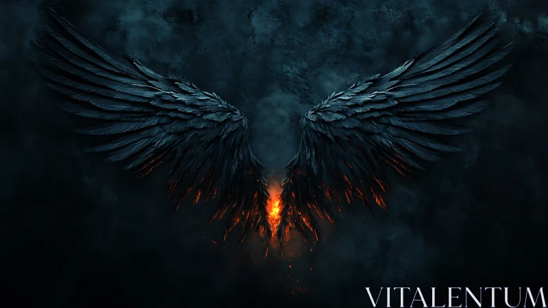 Dark angel wings ignite with molten fire in stormy void