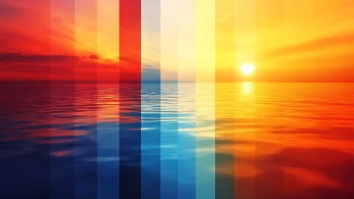 Striped gradient seascape with vivid red, blue, gold sky.