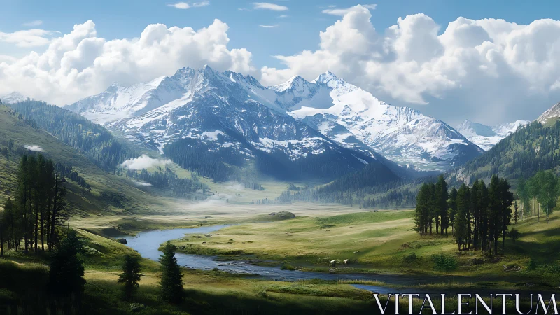 Snow crowned mountains cradle a riverlit valley in silence