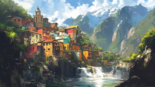 Terraced mountain village above sunlit cascading river painting.