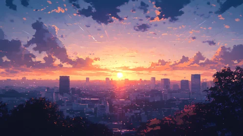 High-rise city skyline under radiant sunset stratocumulus