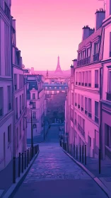 Pink toned Paris street view with Eiffel Tower skyline
