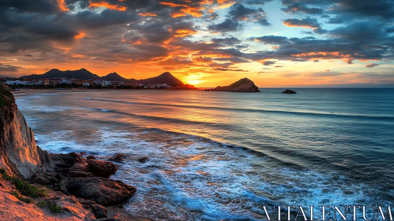 Dramatic coastal sunset illuminates rocky shore and distant town