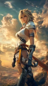 Armored fantasy heroine stands against a blazing sky.