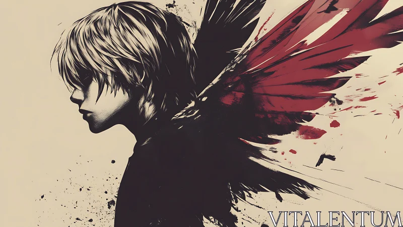 Winged youth in profile rendered with dynamic ink splatter contrasts