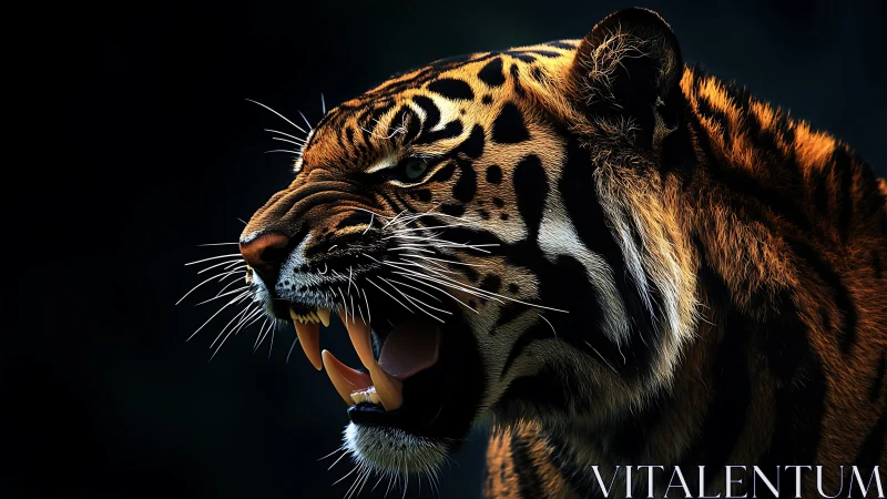 Roaring tiger close-up with sharp fangs and dark backdrop.