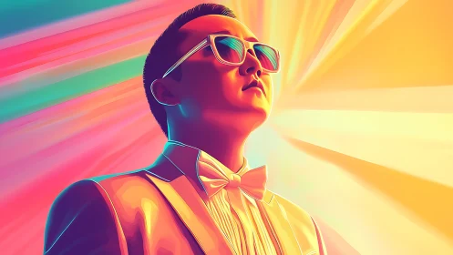Neon gradient portrait of confident man in stylized tuxedo.