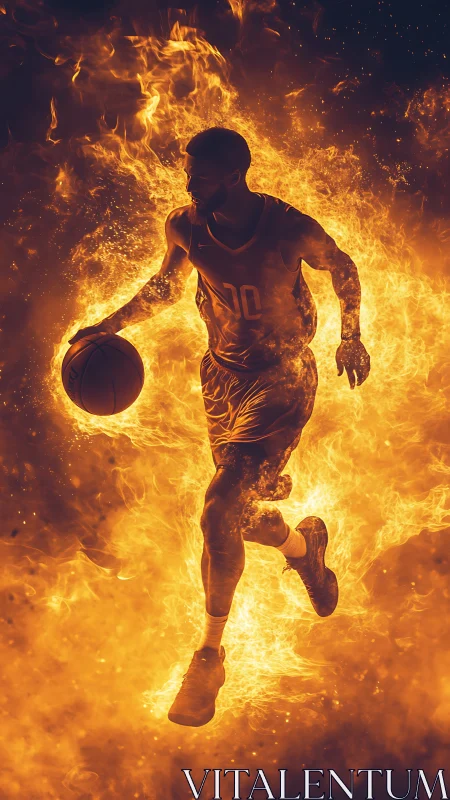 Silhouetted basketball player dribbles within digital fire field