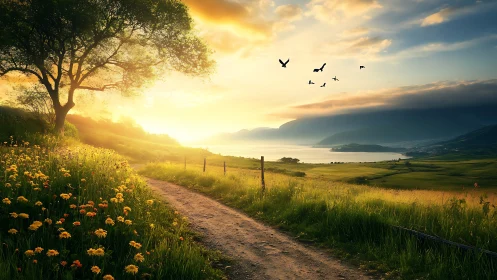 Sunlit country path beside wildflowers and distant lake.